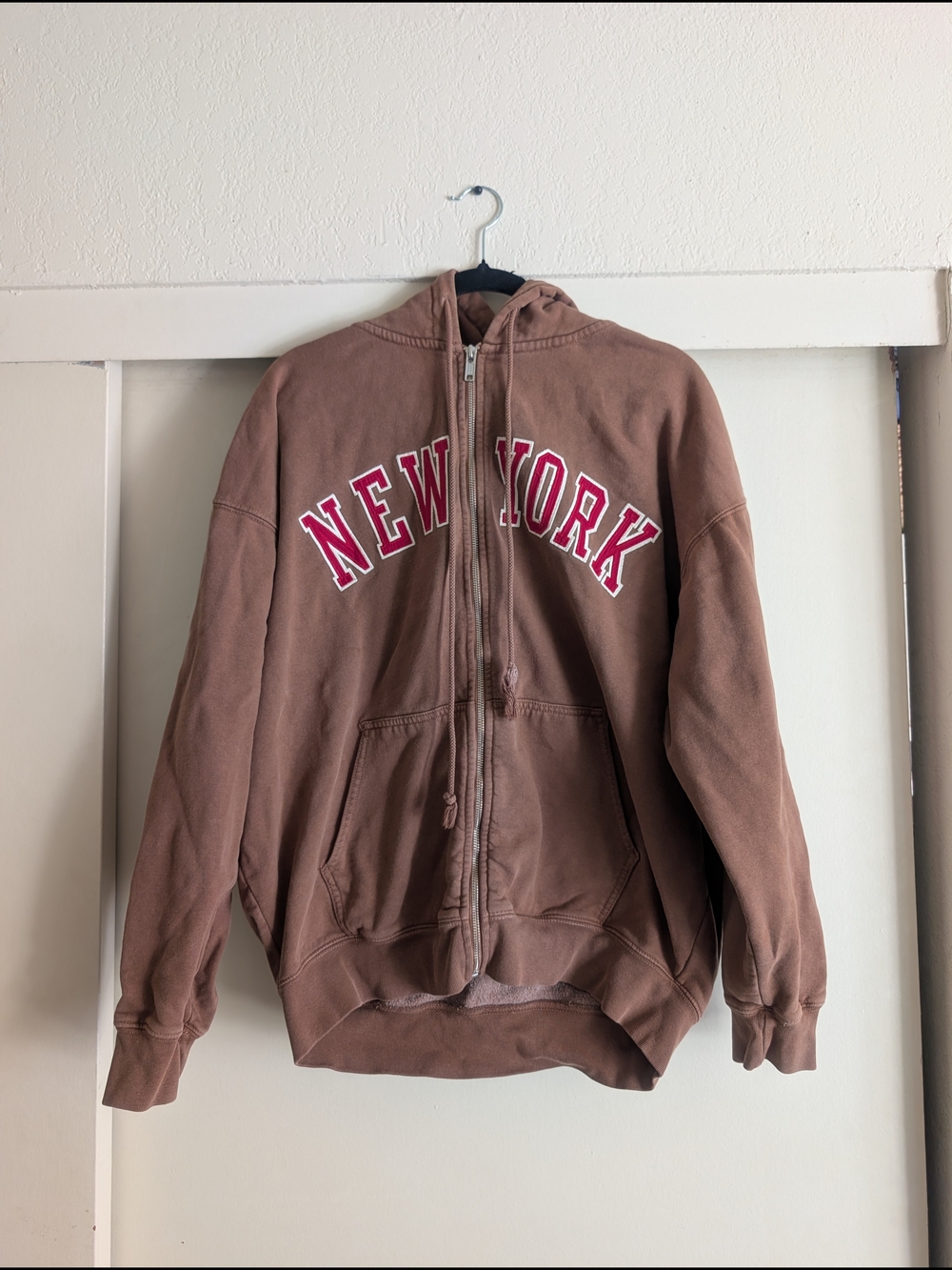 Brandy Melville Brown Zip-Up Hoodie with Red 'New York' Logo